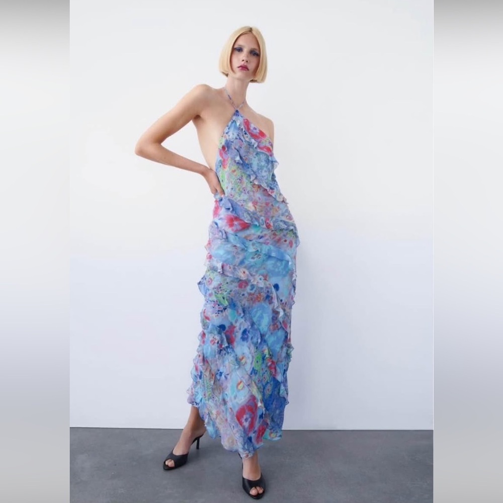 Zara Blue Floral Halter Dress